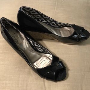 Black peep toe wedges